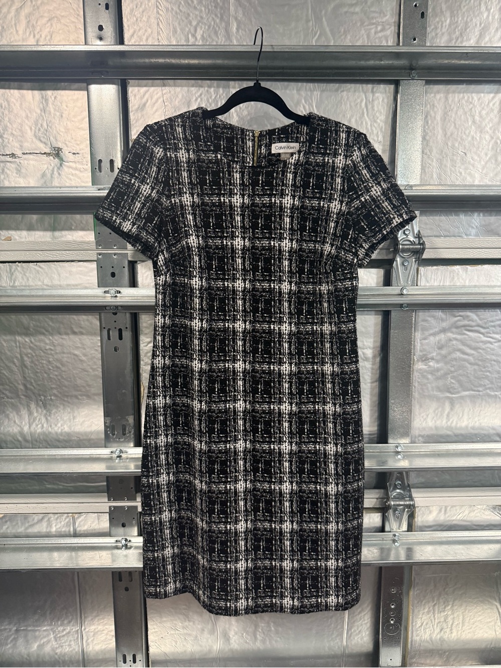 Calvin Klein Black & White Plaid Short-Sleeve Midi Dress